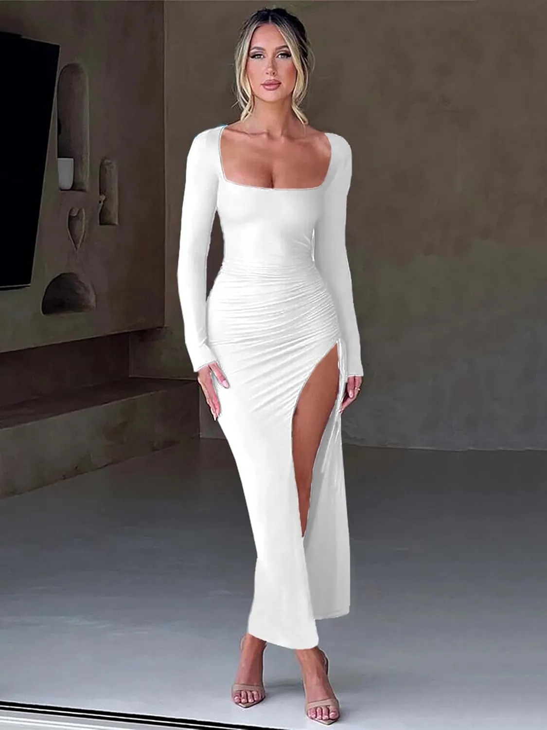 2025 Women's Square Neck Long Sleeve High Side Thigh Slit Drawstring Bodycon Ruched Sexy Club Party Maxi Long Dresses