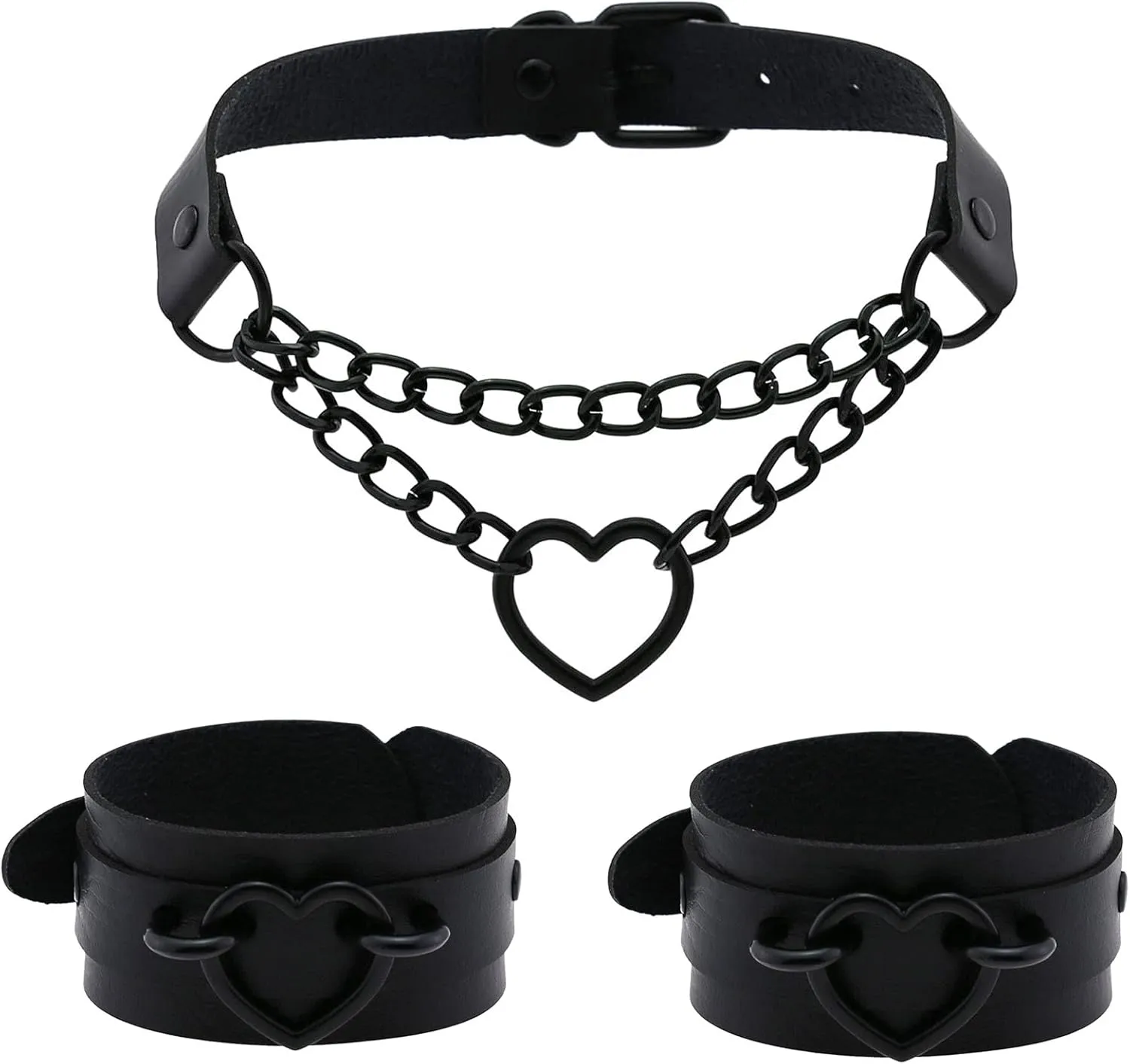 3Pcs Heart Chains Leather Choker Collar and Bracelets Cuffs Set Gothic Punk Grunge Emo Halloween Jewelry Gift (B-Black)