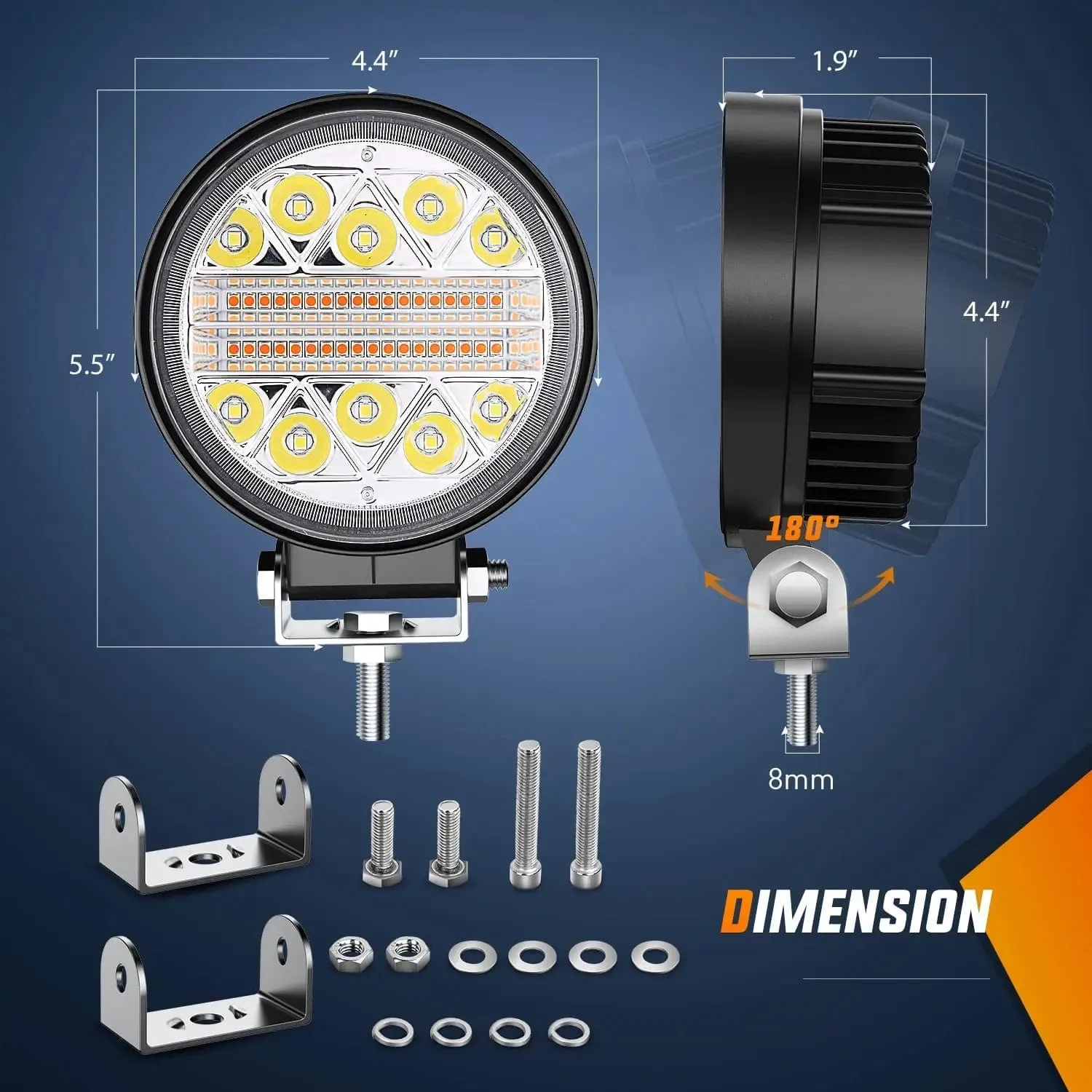 4.5 Inch 27W Amber White Round Spot Flood LED Work Lights (Pair) | 16AWG DT Wire