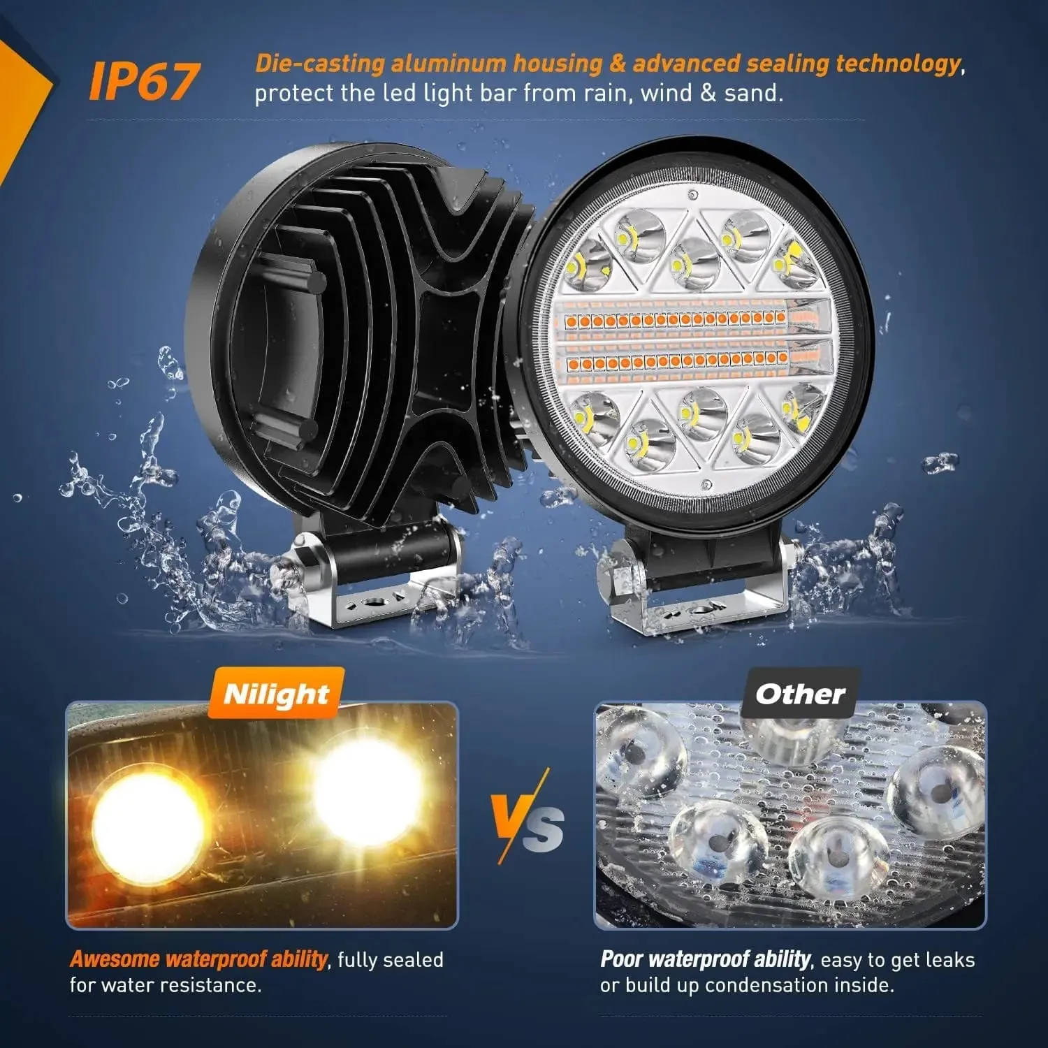 4.5 Inch 27W Amber White Round Spot Flood LED Work Lights (Pair) | 16AWG DT Wire