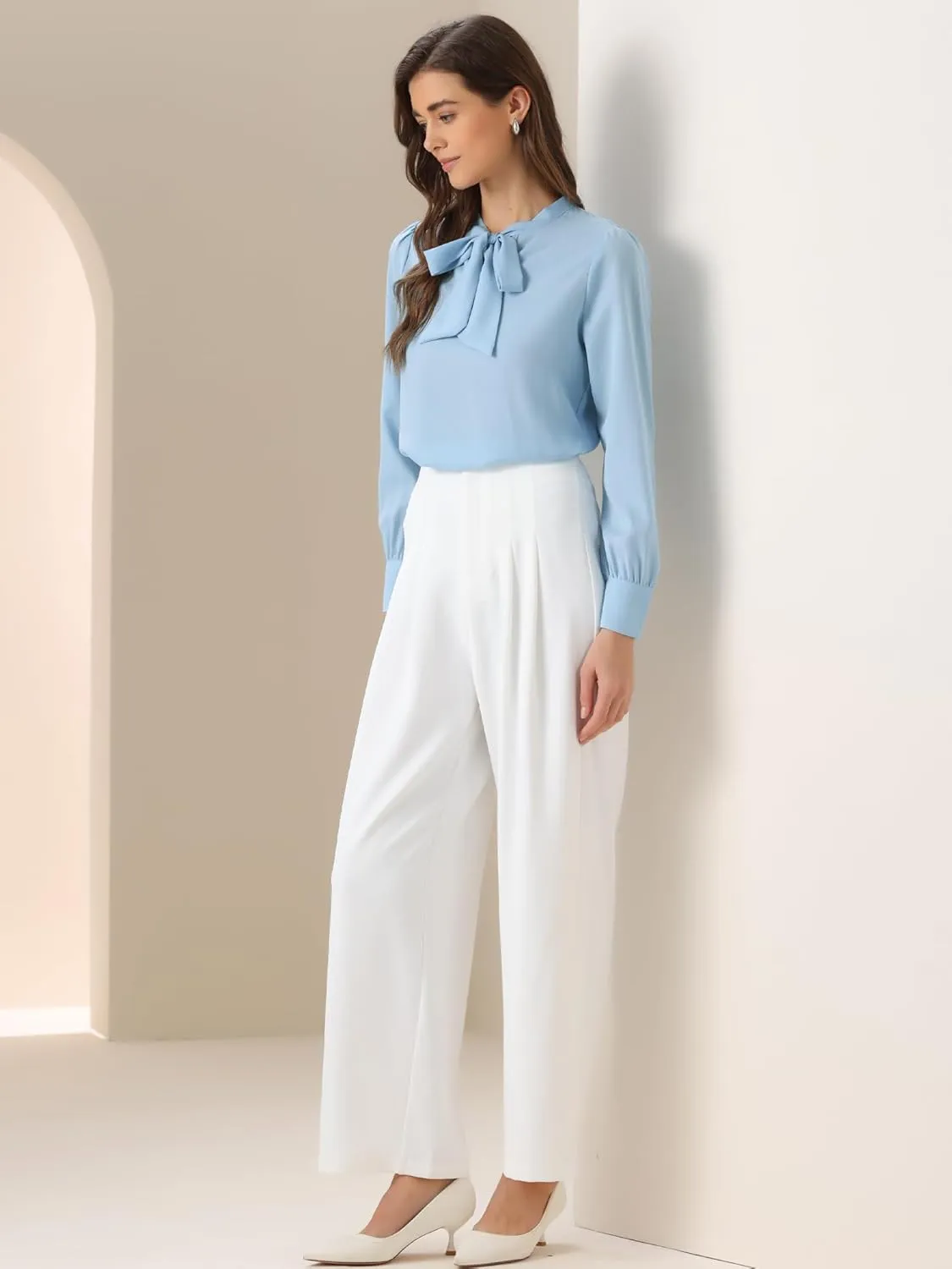 Allegra K Women's Bow Tie Neck Elegant Top Long Sleeve Solid Work Office Blouse