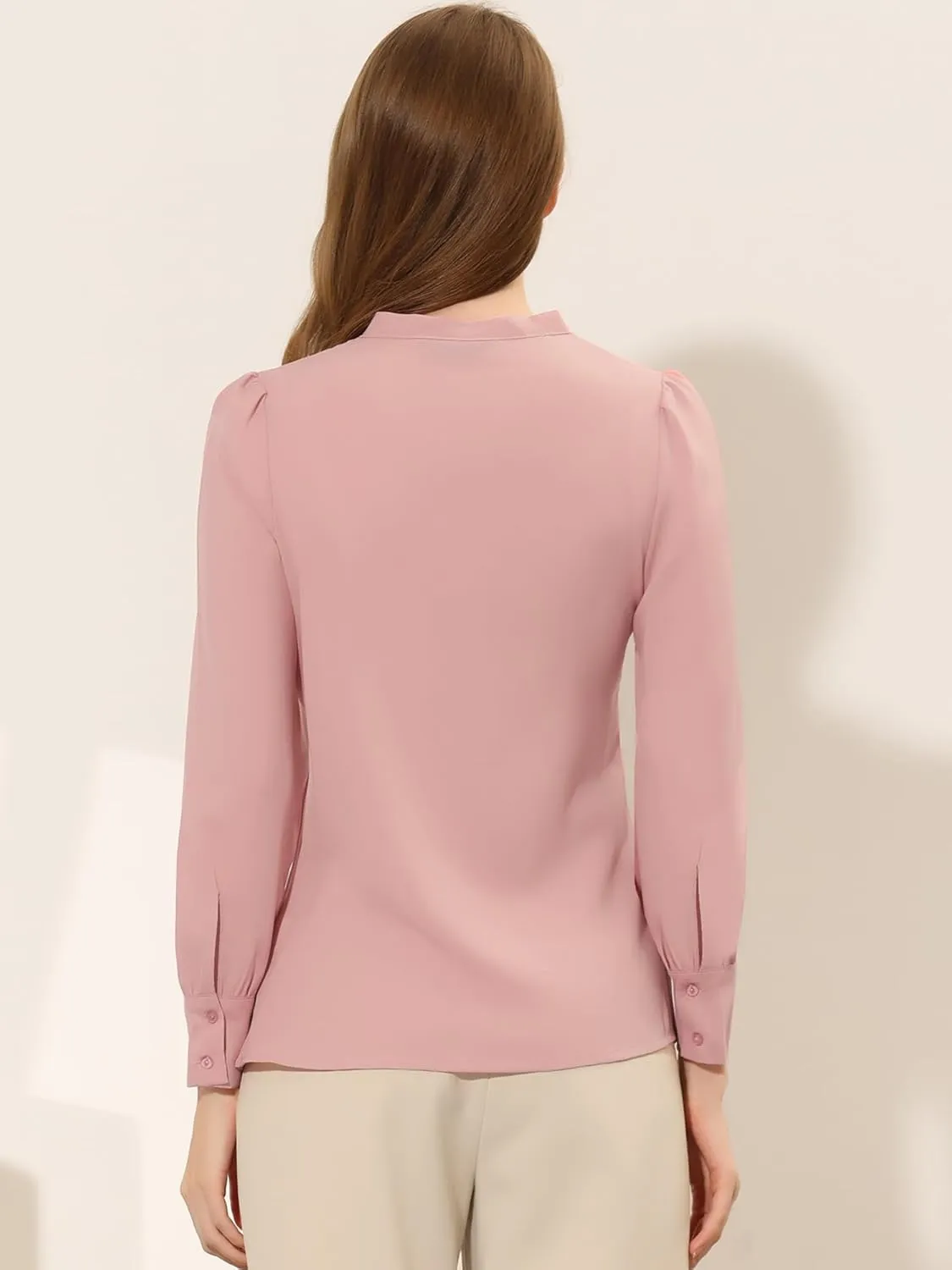 Allegra K Women's Bow Tie Neck Elegant Top Long Sleeve Solid Work Office Blouse