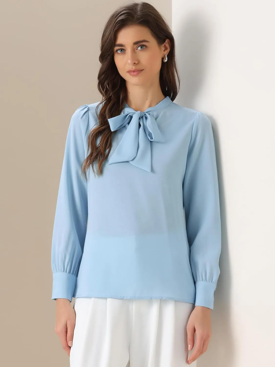 Allegra K Women's Bow Tie Neck Elegant Top Long Sleeve Solid Work Office Blouse