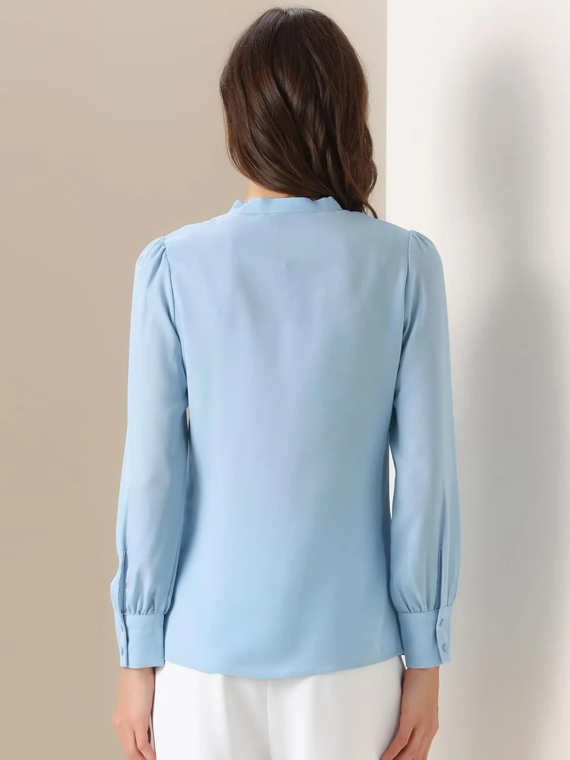 Allegra K Women's Bow Tie Neck Elegant Top Long Sleeve Solid Work Office Blouse