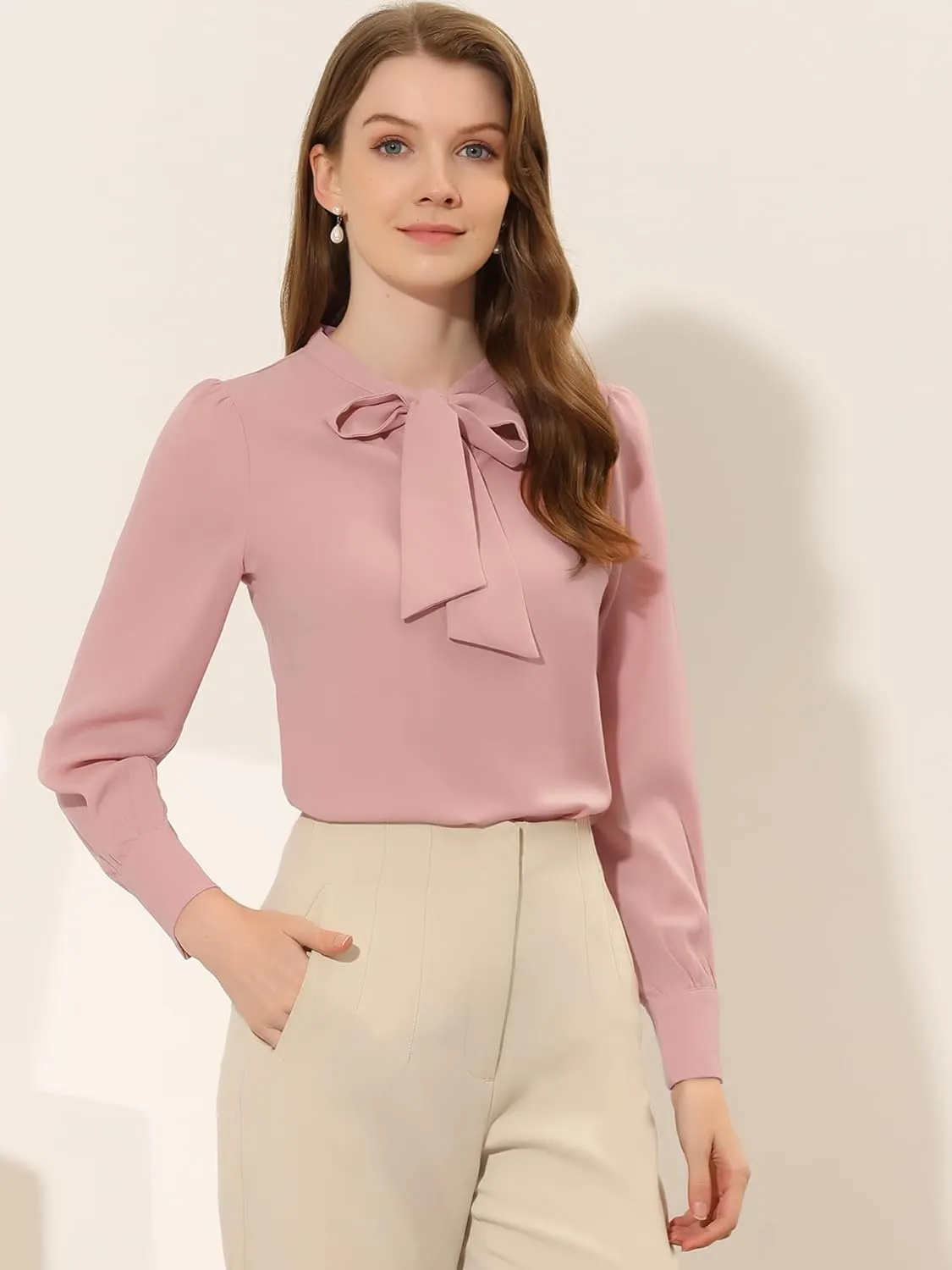 Allegra K Women's Bow Tie Neck Elegant Top Long Sleeve Solid Work Office Blouse