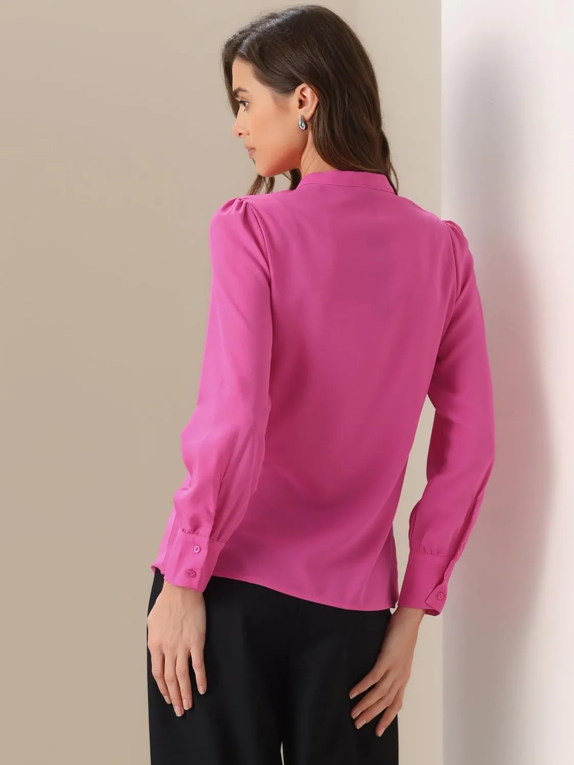 Allegra K Women's Bow Tie Neck Elegant Top Long Sleeve Solid Work Office Blouse
