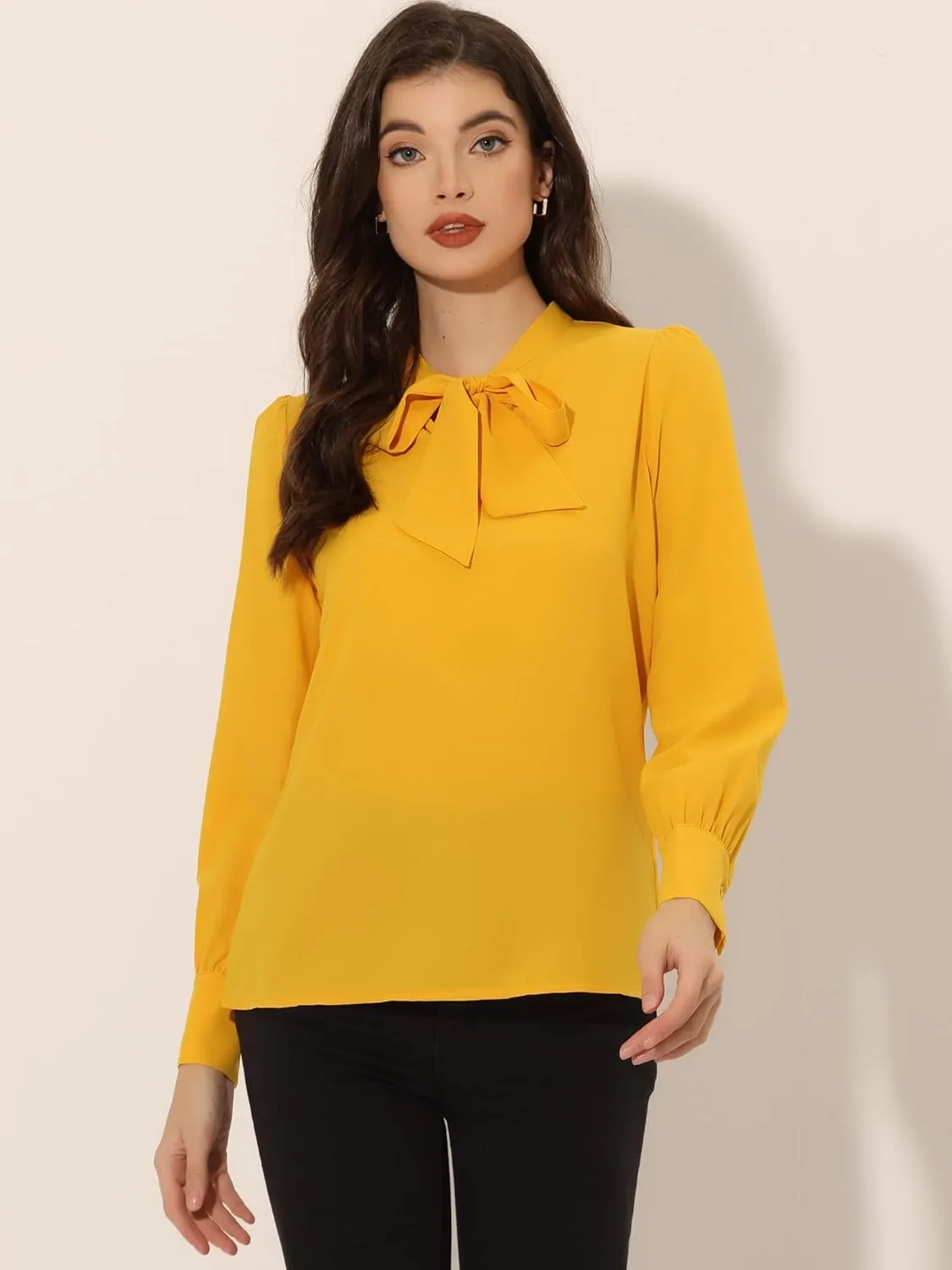 Allegra K Women's Bow Tie Neck Elegant Top Long Sleeve Solid Work Office Blouse
