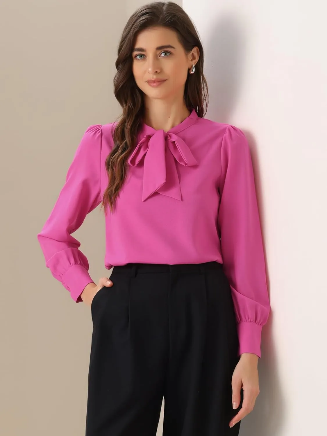 Allegra K Women's Bow Tie Neck Elegant Top Long Sleeve Solid Work Office Blouse