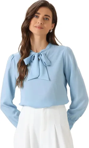 Allegra K Women's Bow Tie Neck Elegant Top Long Sleeve Solid Work Office Blouse