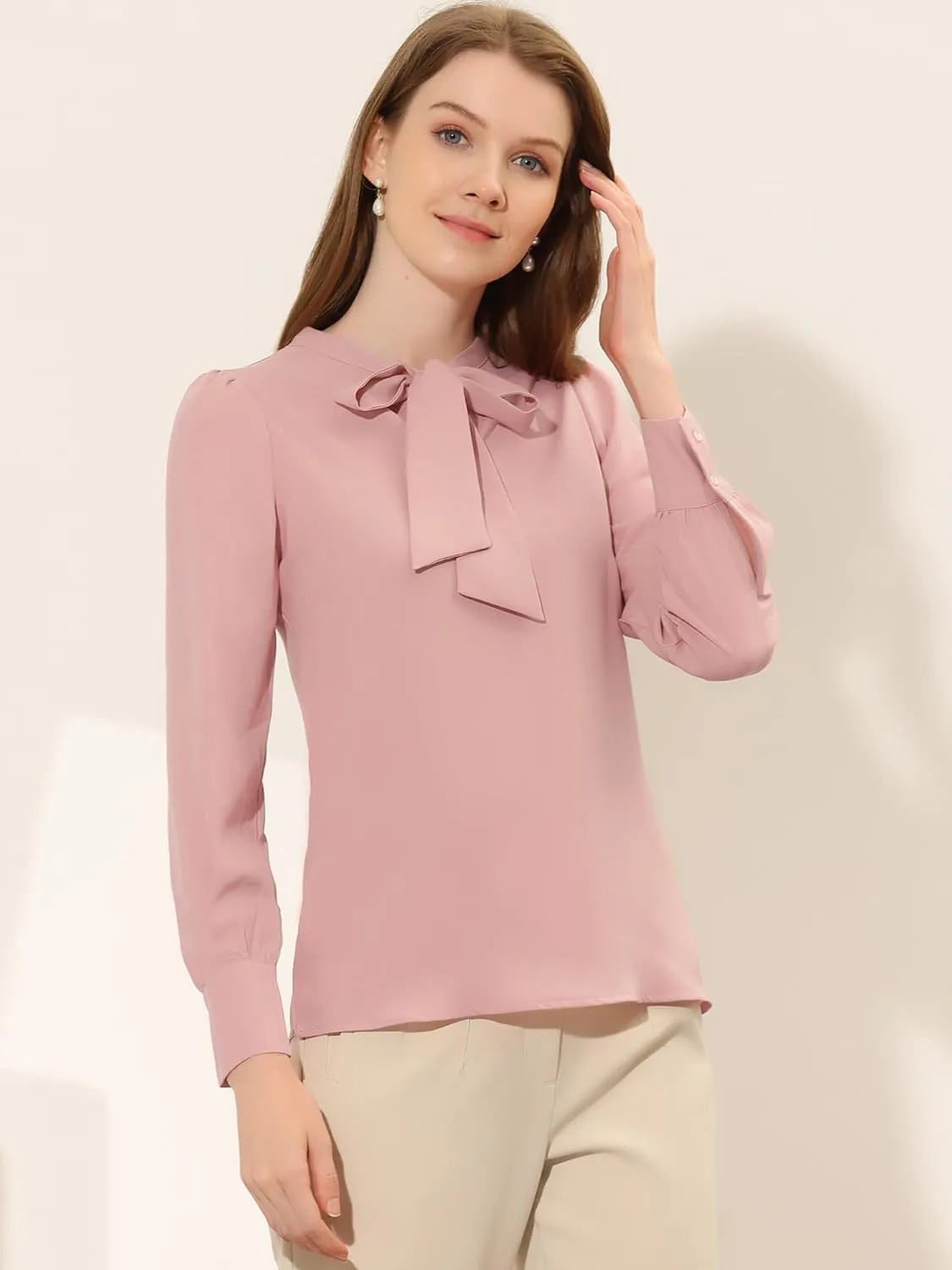 Allegra K Women's Bow Tie Neck Elegant Top Long Sleeve Solid Work Office Blouse