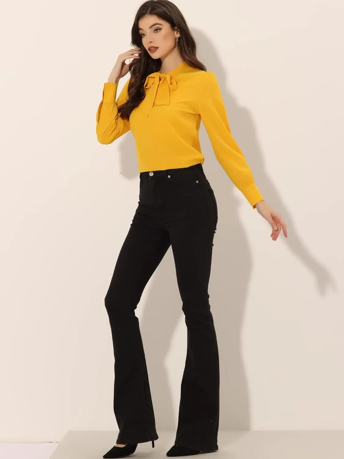 Allegra K Women's Bow Tie Neck Elegant Top Long Sleeve Solid Work Office Blouse