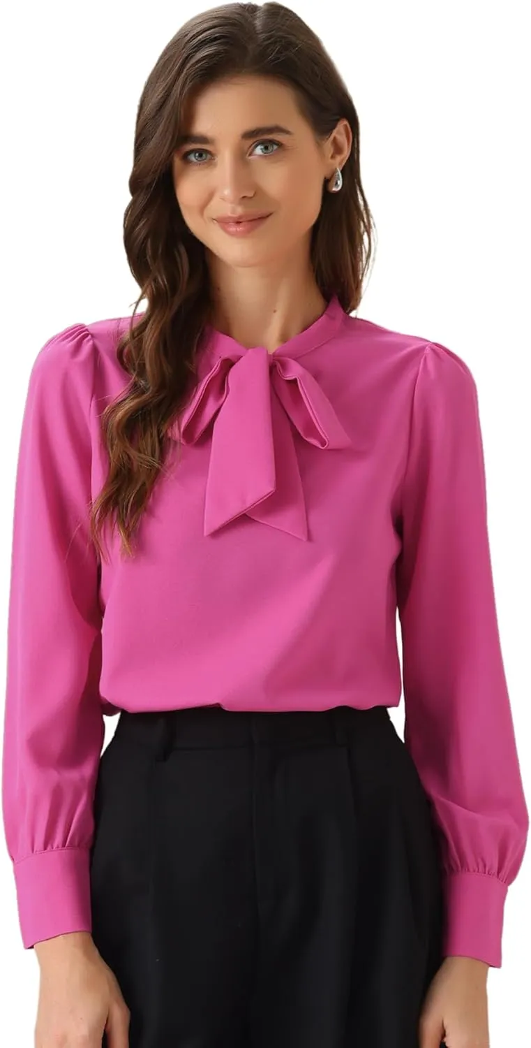 Allegra K Women's Bow Tie Neck Elegant Top Long Sleeve Solid Work Office Blouse