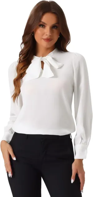 Allegra K Women's Bow Tie Neck Elegant Top Long Sleeve Solid Work Office Blouse