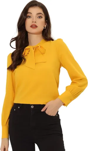 Allegra K Women's Bow Tie Neck Elegant Top Long Sleeve Solid Work Office Blouse