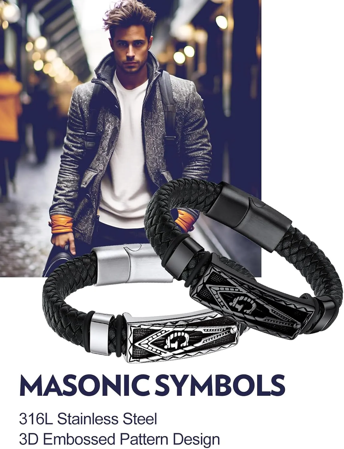 Bandmax Mens Black Leather Braided Wristband with Pendant Gothic Punk Leather Cuff Charm Bracelet Wristband with Stainless Steel Buckle -Gift Packed