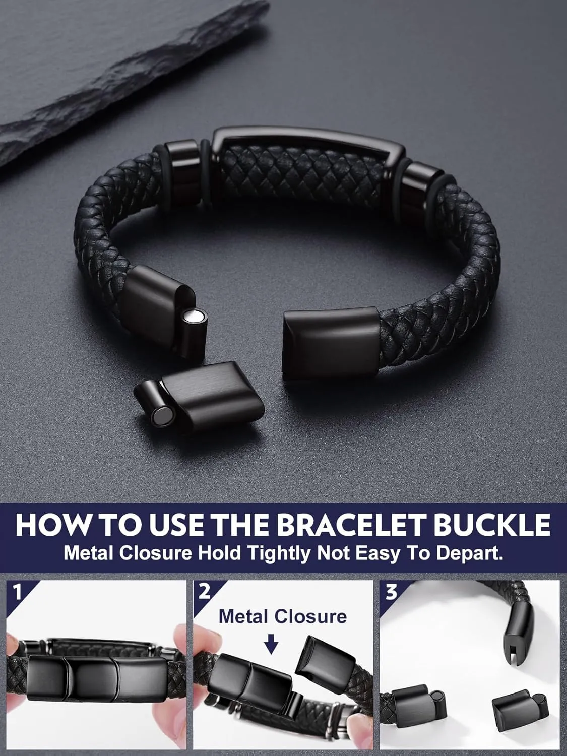 Bandmax Mens Black Leather Braided Wristband with Pendant Gothic Punk Leather Cuff Charm Bracelet Wristband with Stainless Steel Buckle -Gift Packed