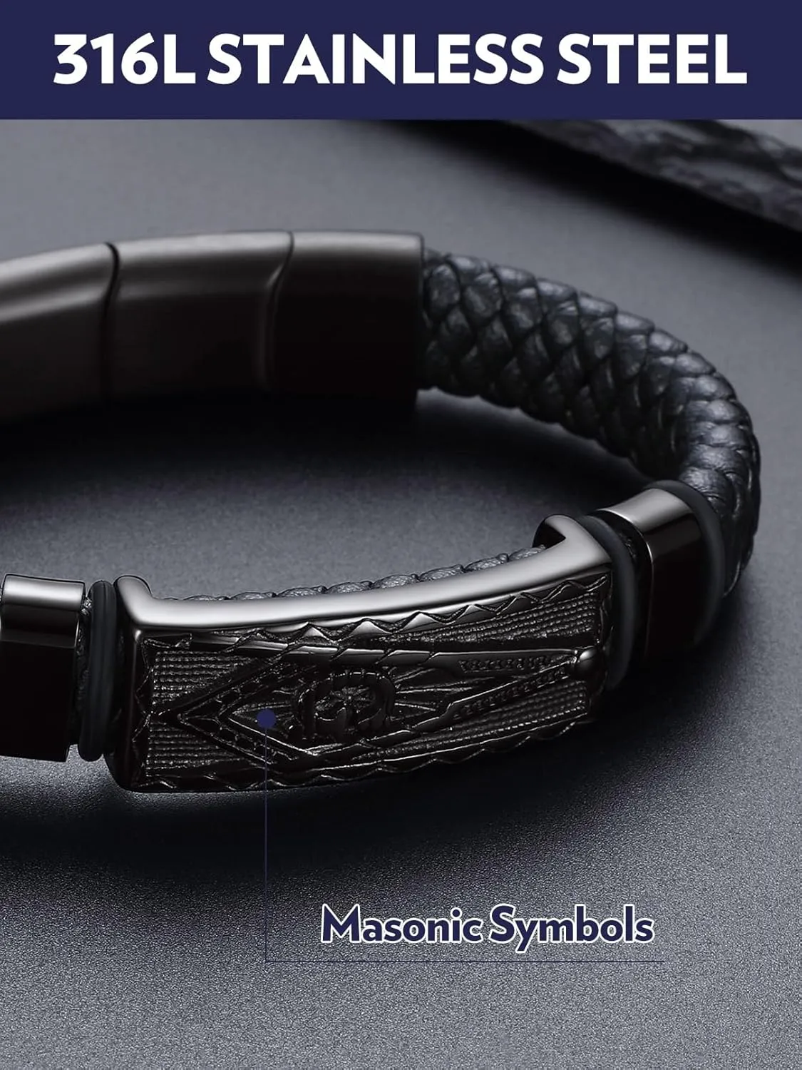 Bandmax Mens Black Leather Braided Wristband with Pendant Gothic Punk Leather Cuff Charm Bracelet Wristband with Stainless Steel Buckle -Gift Packed