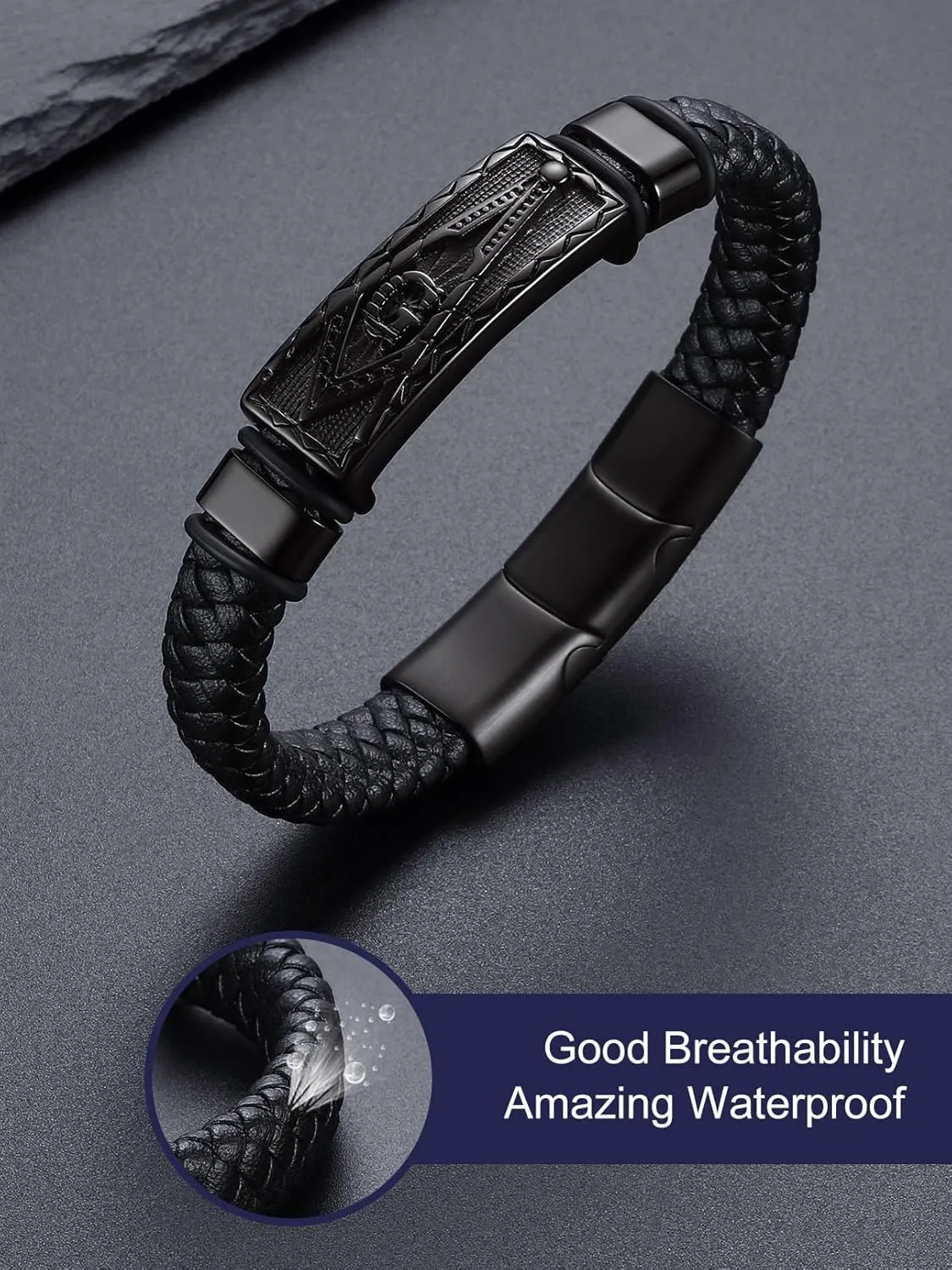 Bandmax Mens Black Leather Braided Wristband with Pendant Gothic Punk Leather Cuff Charm Bracelet Wristband with Stainless Steel Buckle -Gift Packed