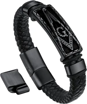 Bandmax Mens Black Leather Braided Wristband with Pendant Gothic Punk Leather Cuff Charm Bracelet Wristband with Stainless Steel Buckle -Gift Packed