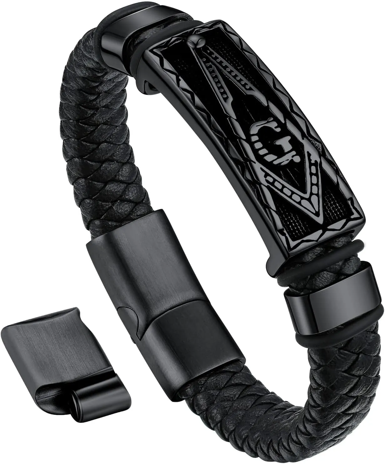 Bandmax Mens Black Leather Braided Wristband with Pendant Gothic Punk Leather Cuff Charm Bracelet Wristband with Stainless Steel Buckle -Gift Packed