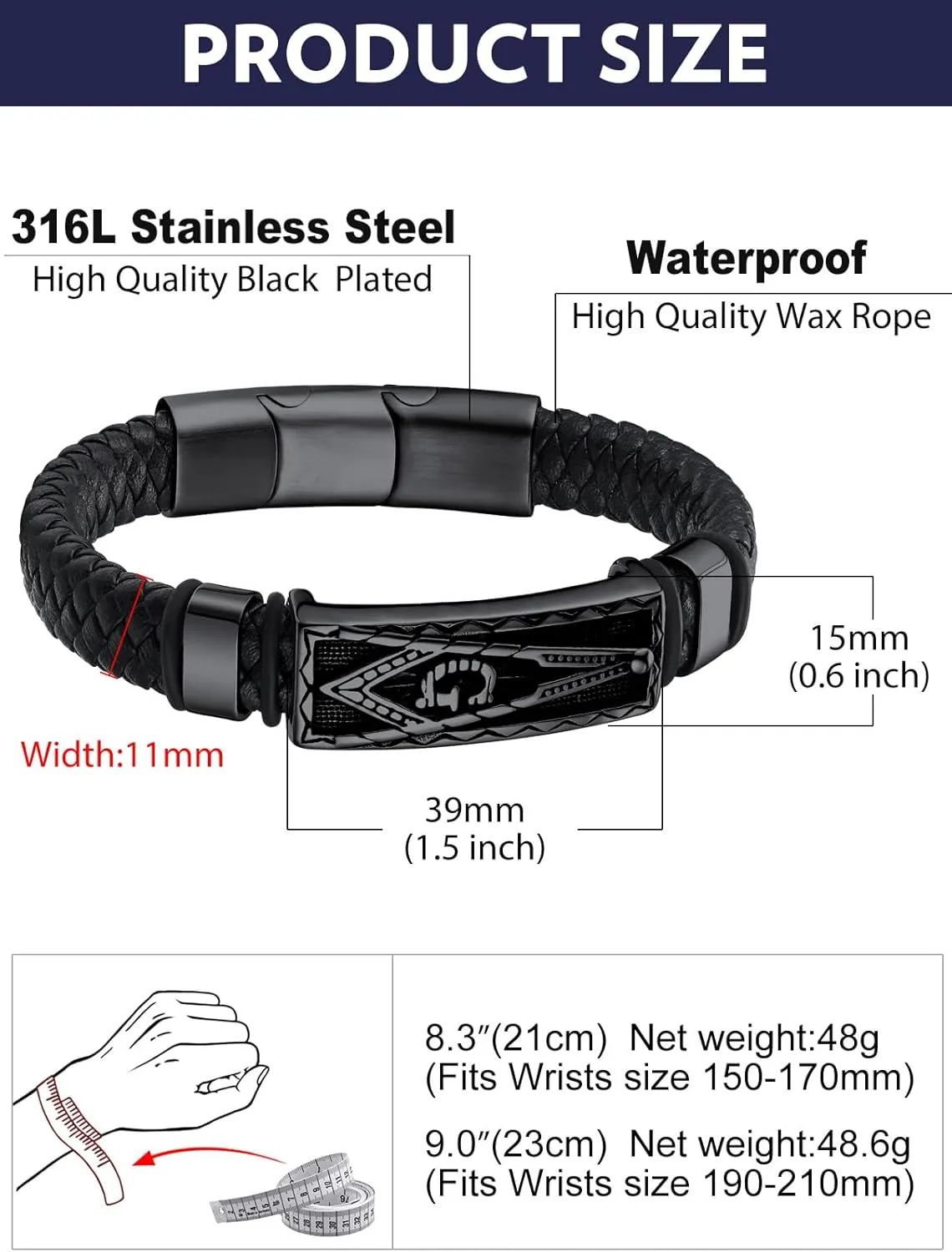 Bandmax Mens Black Leather Braided Wristband with Pendant Gothic Punk Leather Cuff Charm Bracelet Wristband with Stainless Steel Buckle -Gift Packed