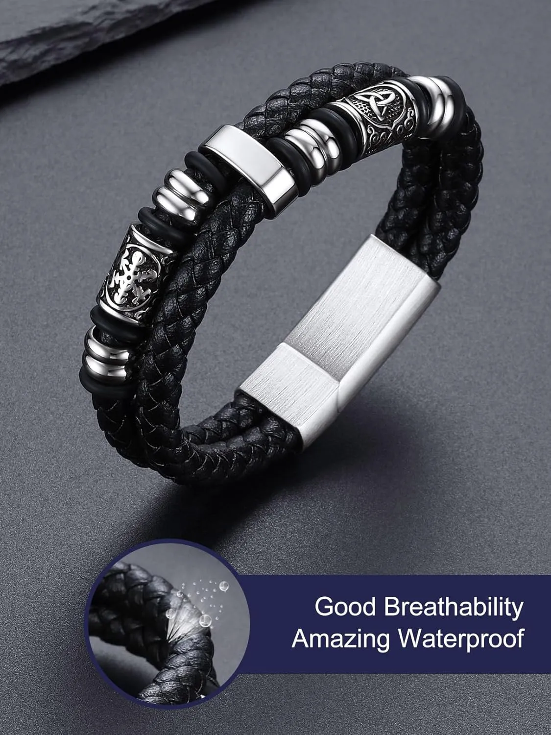 Bandmax Mens Double Row Black Braided Leather Wristband Stainless Steel Beaded Double Layer Leather Cord Wristband Bangle Gift for Men