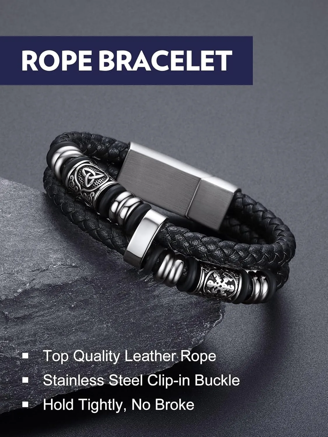 Bandmax Mens Double Row Black Braided Leather Wristband Stainless Steel Beaded Double Layer Leather Cord Wristband Bangle Gift for Men