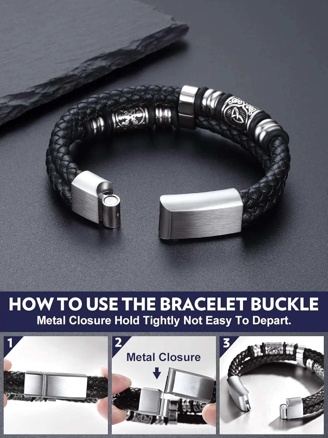 Bandmax Mens Double Row Black Braided Leather Wristband Stainless Steel Beaded Double Layer Leather Cord Wristband Bangle Gift for Men