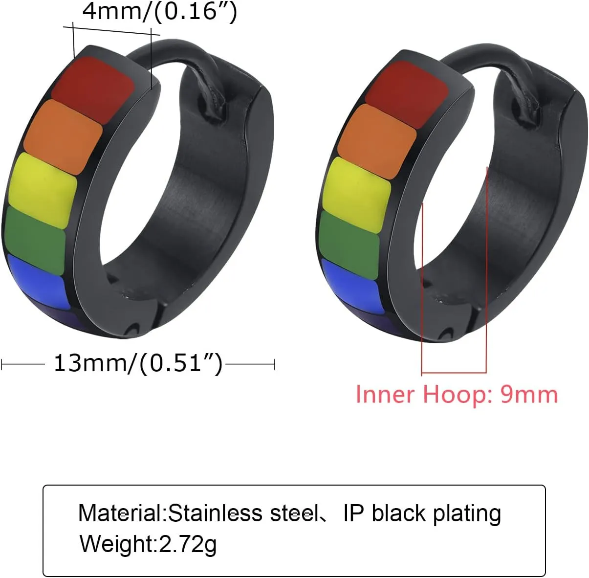Black LGBTQ Pride Rainbow Small Hoop Earrings for Men Women Teens Cartilage Stainless Steel Chunky Wide Cuff Non Piercing Hinged Huggie Hoops Love is Love Statement Pride Month Jewelry Gifts 9mm