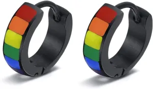 Black LGBTQ Pride Rainbow Small Hoop Earrings for Men Women Teens Cartilage Stainless Steel Chunky Wide Cuff Non Piercing Hinged Huggie Hoops Love is Love Statement Pride Month Jewelry Gifts 9mm