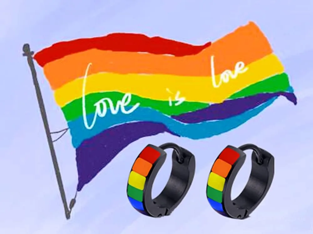 Black LGBTQ Pride Rainbow Small Hoop Earrings for Men Women Teens Cartilage Stainless Steel Chunky Wide Cuff Non Piercing Hinged Huggie Hoops Love is Love Statement Pride Month Jewelry Gifts 9mm