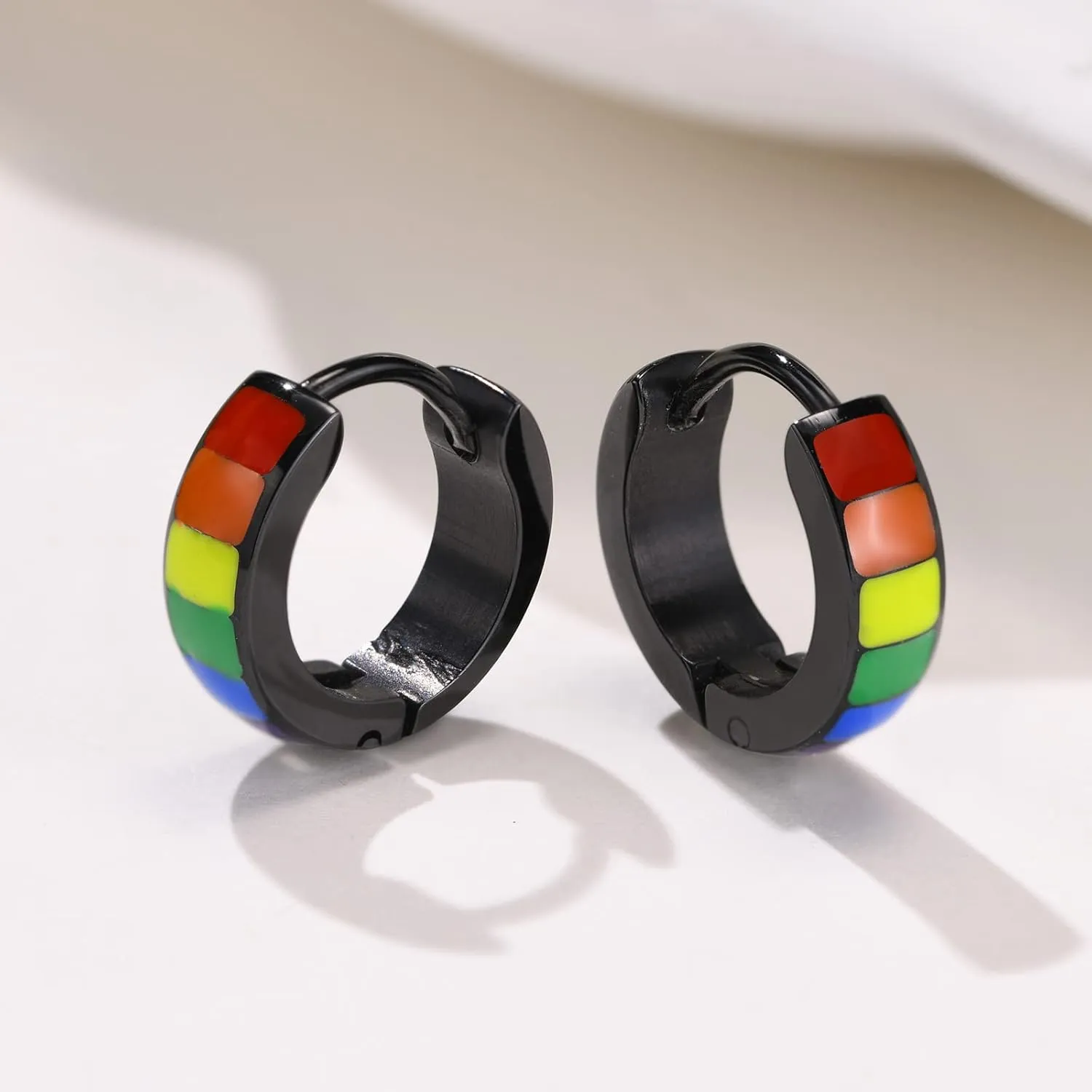 Black LGBTQ Pride Rainbow Small Hoop Earrings for Men Women Teens Cartilage Stainless Steel Chunky Wide Cuff Non Piercing Hinged Huggie Hoops Love is Love Statement Pride Month Jewelry Gifts 9mm