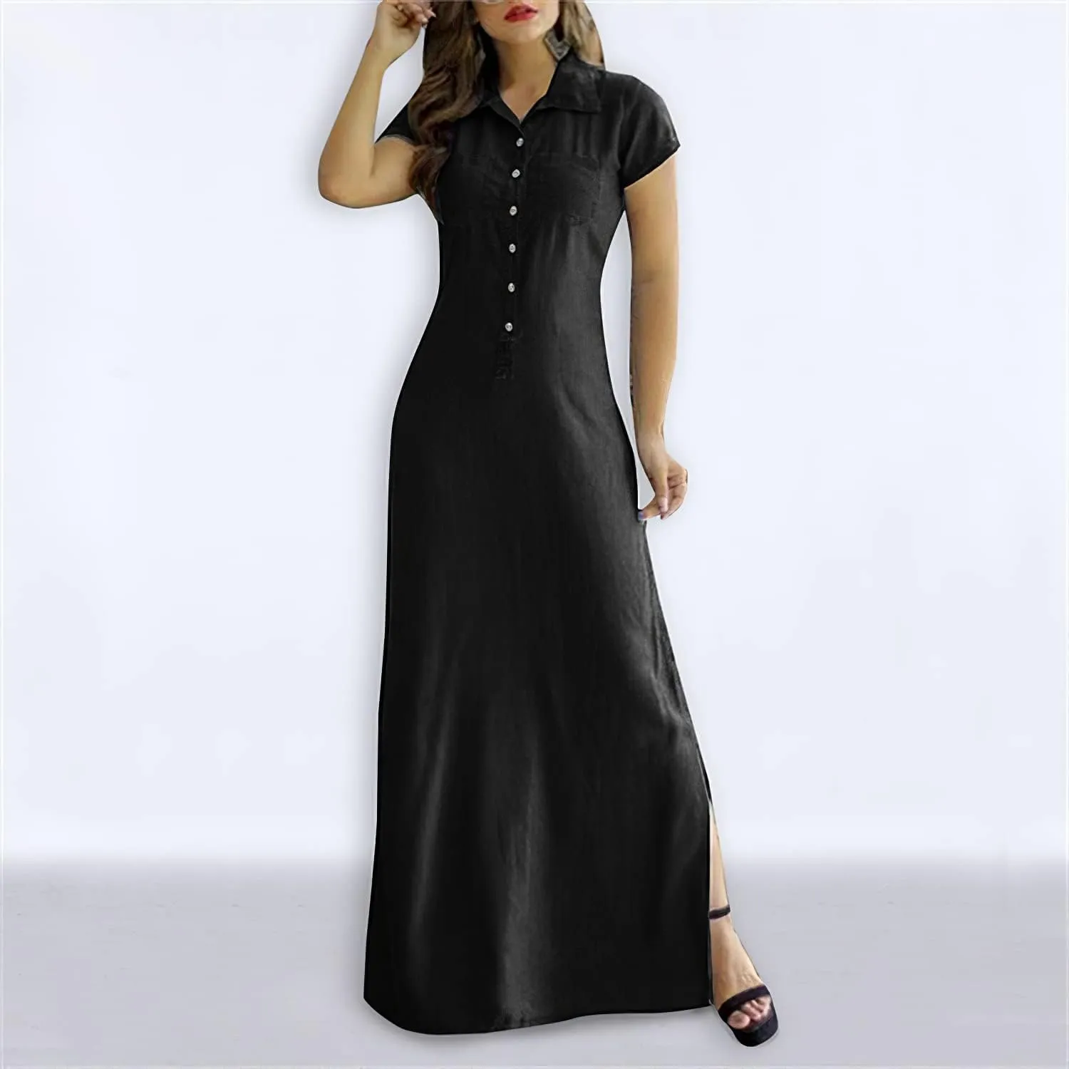 Button Down Denim Shirt Dress for Women Vintage Casual Lapel Collared Solid Jean Dresses with Pockets