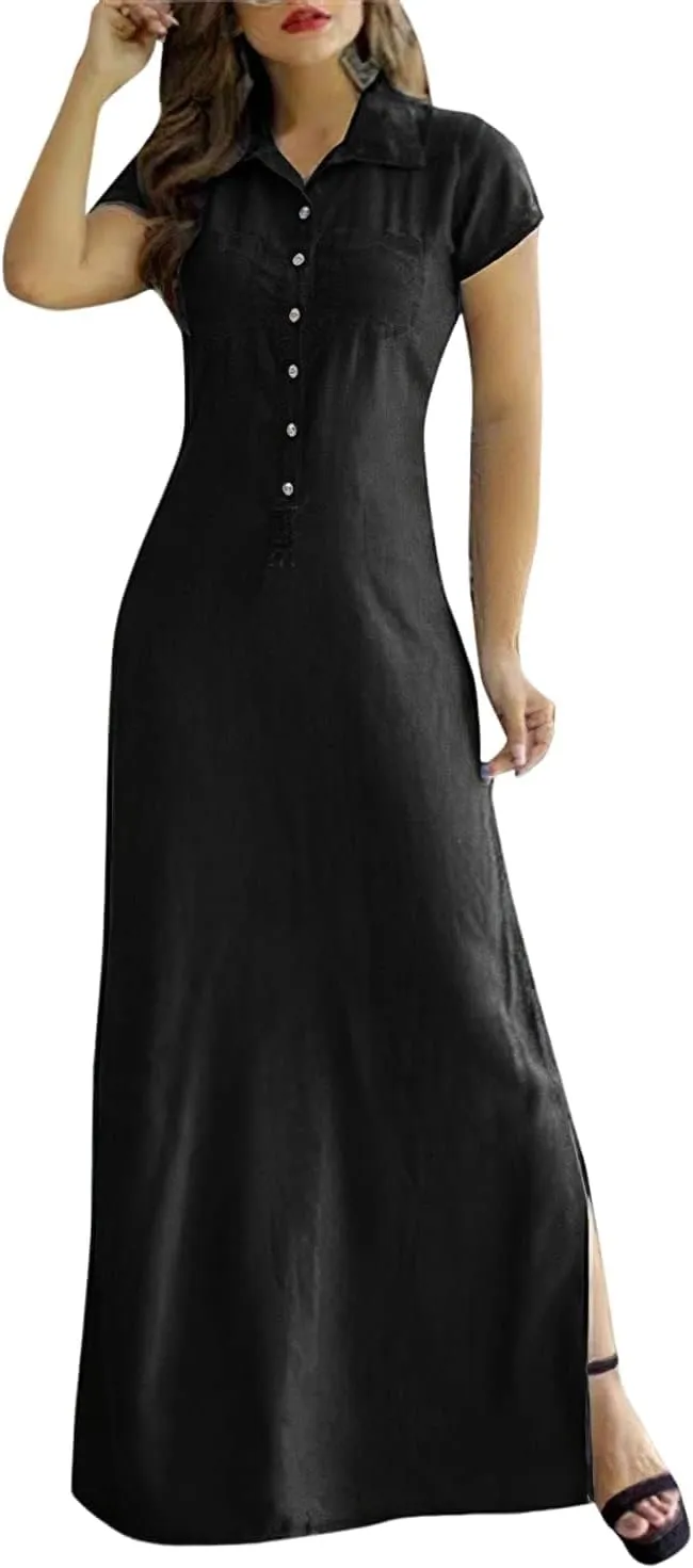 Button Down Denim Shirt Dress for Women Vintage Casual Lapel Collared Solid Jean Dresses with Pockets