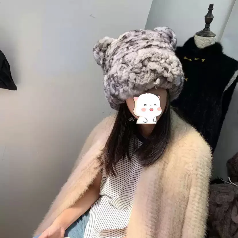 Chinchilla Bear Hat Chinchilla Leather Braided Round Hat Thickened Double-layer Elastic Hat Anti-cold Windproof Warm