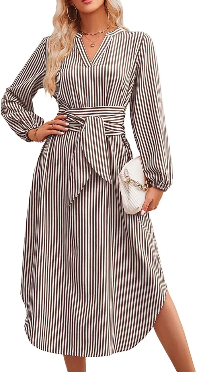 Ckikiou Long Sleeve Striped Business Casual Dress for Women V Neck Belted Tie Waist Elegant Work Long Shirt Dresses