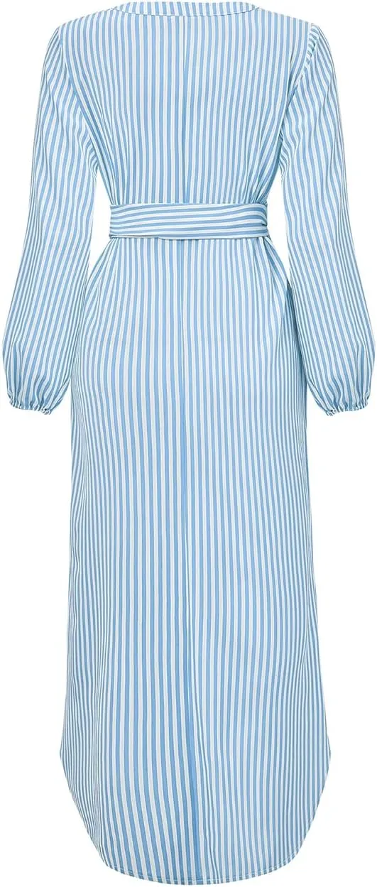 Ckikiou Long Sleeve Striped Business Casual Dress for Women V Neck Belted Tie Waist Elegant Work Long Shirt Dresses