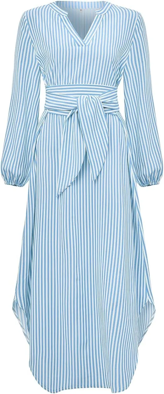 Ckikiou Long Sleeve Striped Business Casual Dress for Women V Neck Belted Tie Waist Elegant Work Long Shirt Dresses