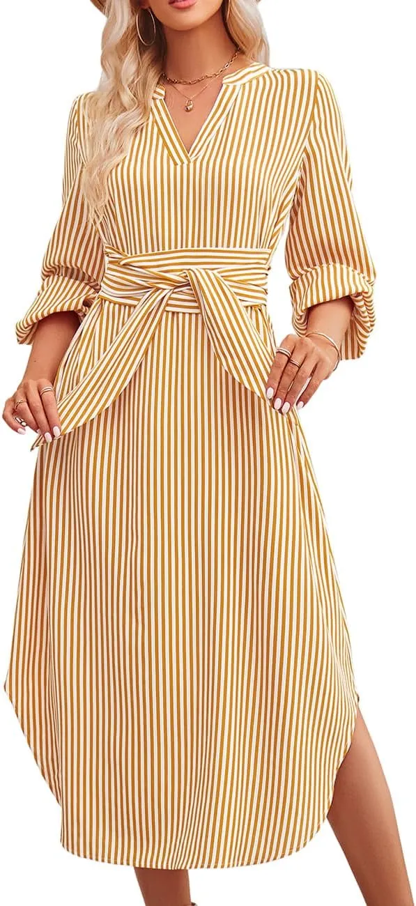 Ckikiou Long Sleeve Striped Business Casual Dress for Women V Neck Belted Tie Waist Elegant Work Long Shirt Dresses