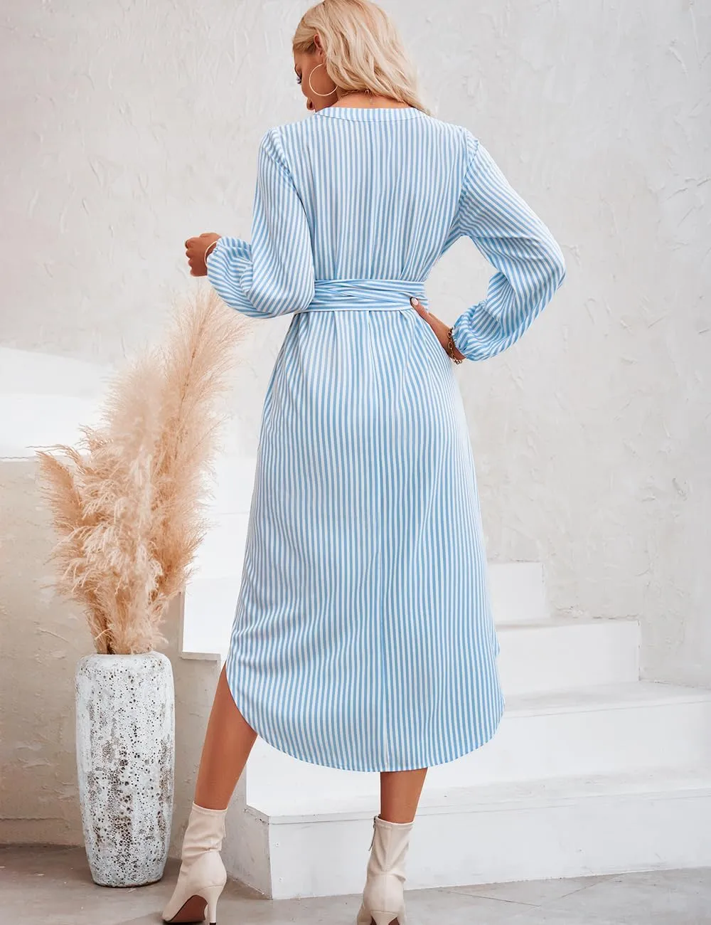 Ckikiou Long Sleeve Striped Business Casual Dress for Women V Neck Belted Tie Waist Elegant Work Long Shirt Dresses