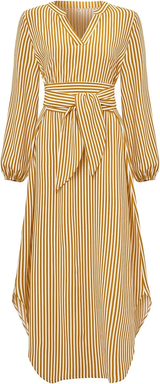 Ckikiou Long Sleeve Striped Business Casual Dress for Women V Neck Belted Tie Waist Elegant Work Long Shirt Dresses