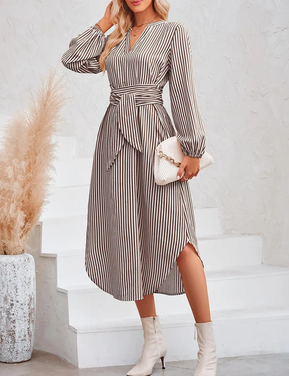 Ckikiou Long Sleeve Striped Business Casual Dress for Women V Neck Belted Tie Waist Elegant Work Long Shirt Dresses