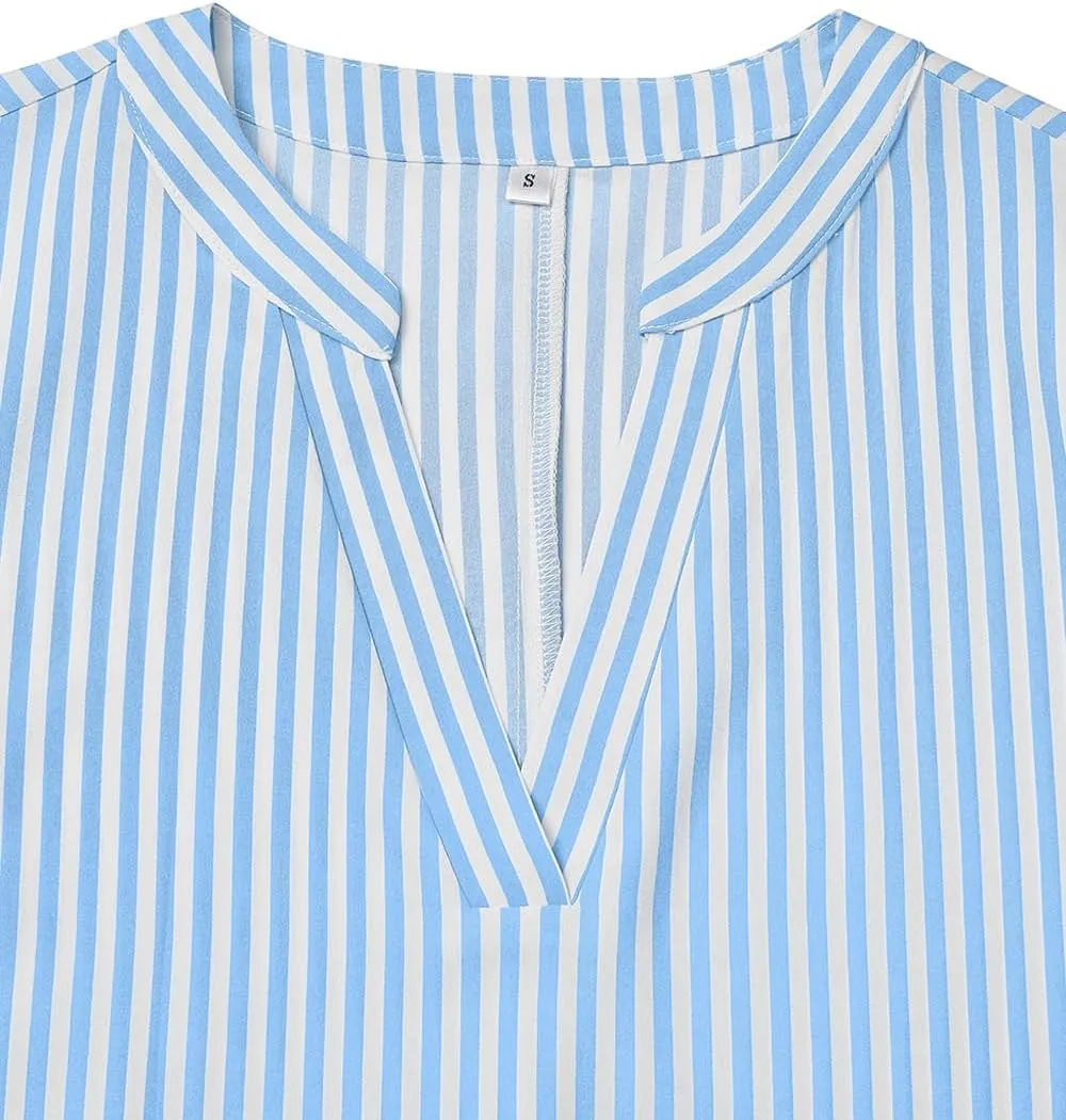 Ckikiou Long Sleeve Striped Business Casual Dress for Women V Neck Belted Tie Waist Elegant Work Long Shirt Dresses