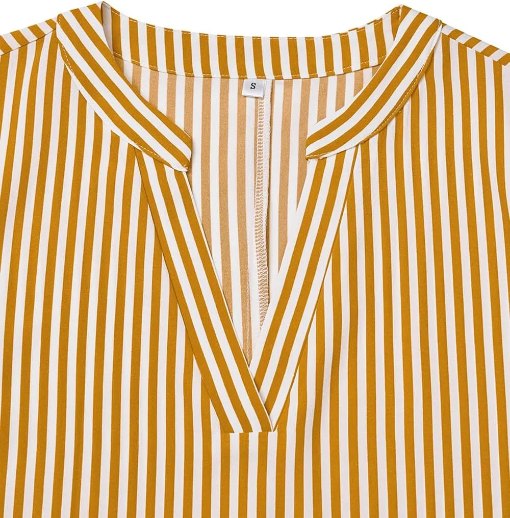 Ckikiou Long Sleeve Striped Business Casual Dress for Women V Neck Belted Tie Waist Elegant Work Long Shirt Dresses