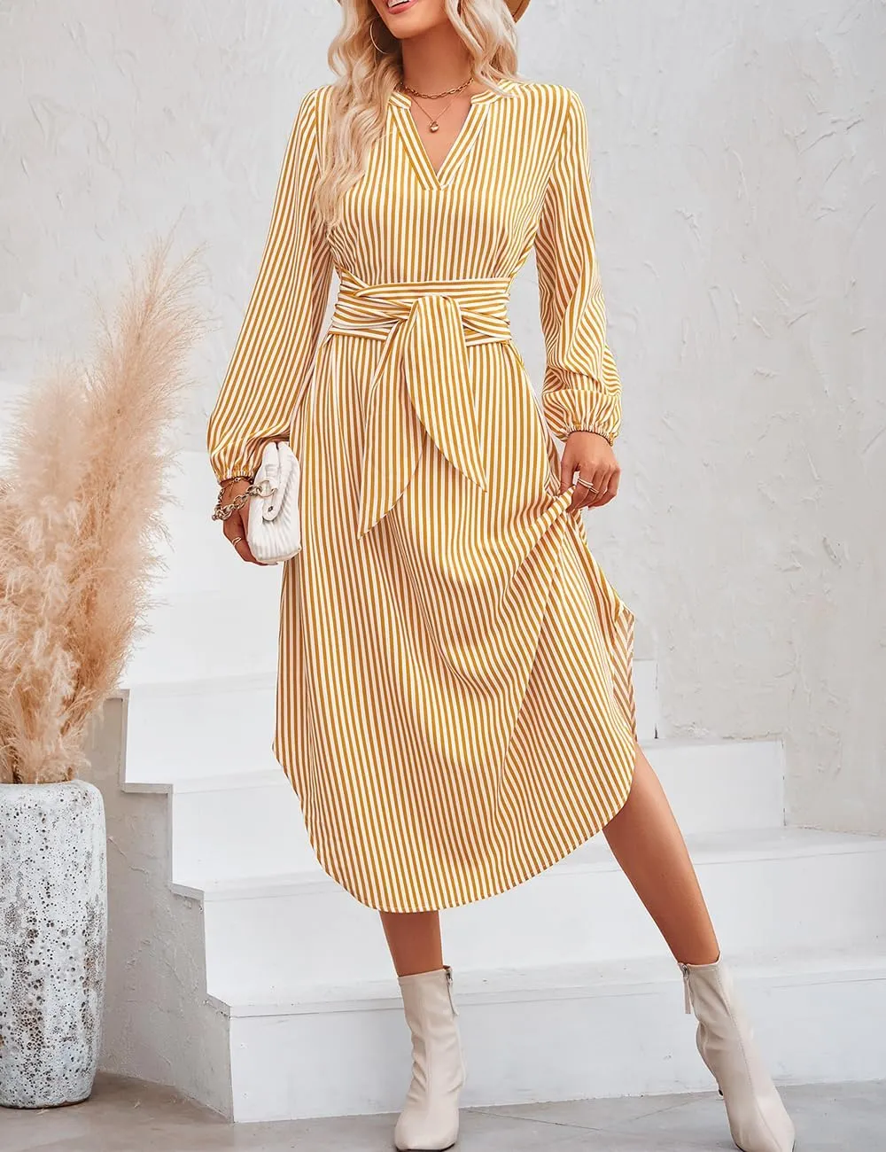 Ckikiou Long Sleeve Striped Business Casual Dress for Women V Neck Belted Tie Waist Elegant Work Long Shirt Dresses