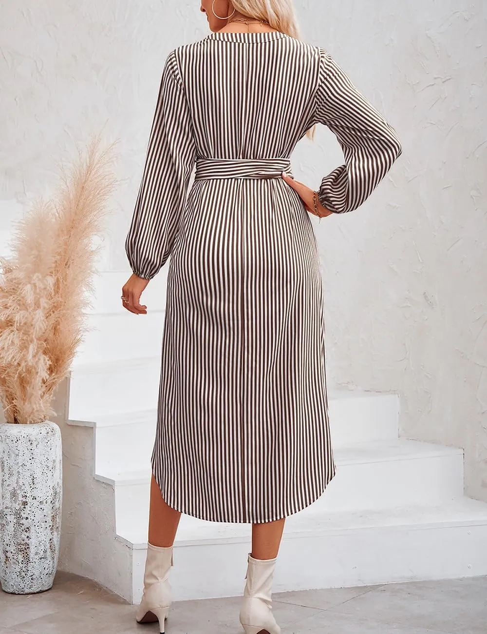 Ckikiou Long Sleeve Striped Business Casual Dress for Women V Neck Belted Tie Waist Elegant Work Long Shirt Dresses