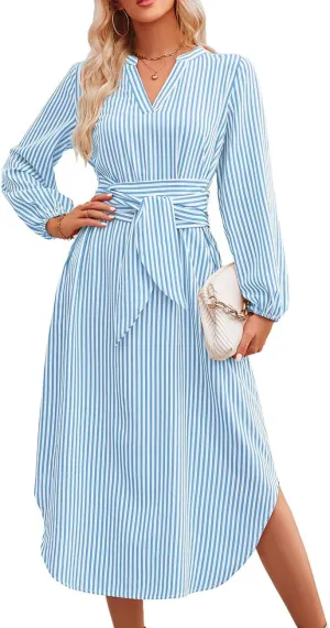 Ckikiou Long Sleeve Striped Business Casual Dress for Women V Neck Belted Tie Waist Elegant Work Long Shirt Dresses
