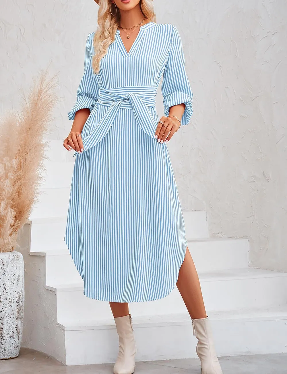 Ckikiou Long Sleeve Striped Business Casual Dress for Women V Neck Belted Tie Waist Elegant Work Long Shirt Dresses