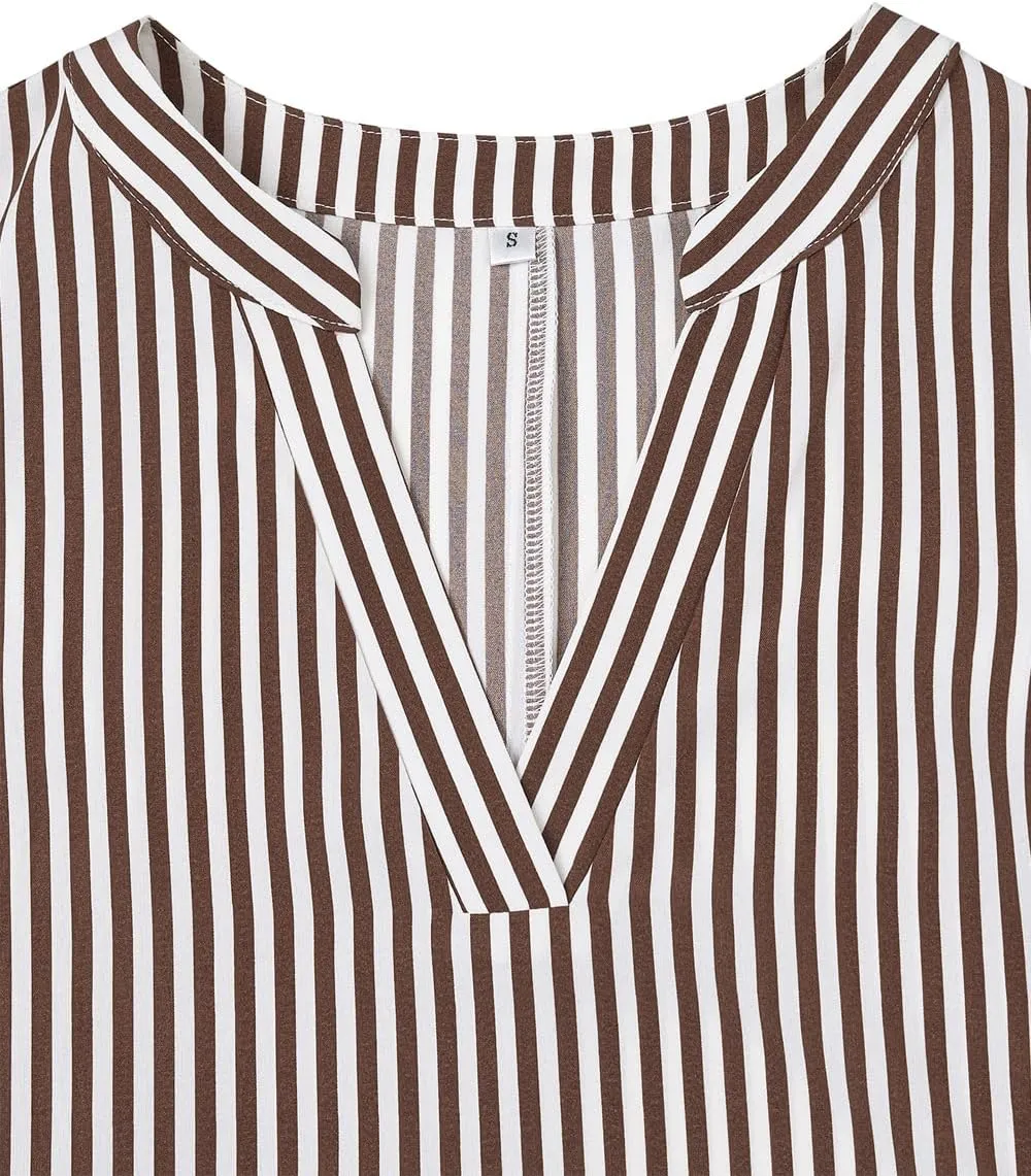 Ckikiou Long Sleeve Striped Business Casual Dress for Women V Neck Belted Tie Waist Elegant Work Long Shirt Dresses
