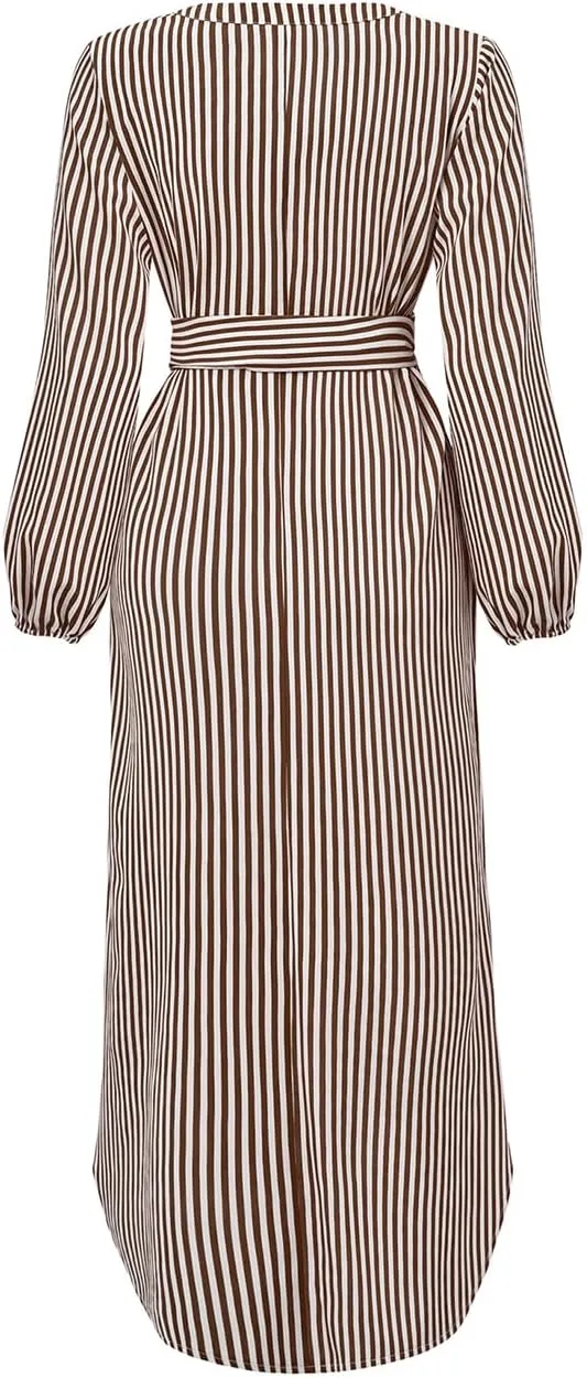Ckikiou Long Sleeve Striped Business Casual Dress for Women V Neck Belted Tie Waist Elegant Work Long Shirt Dresses